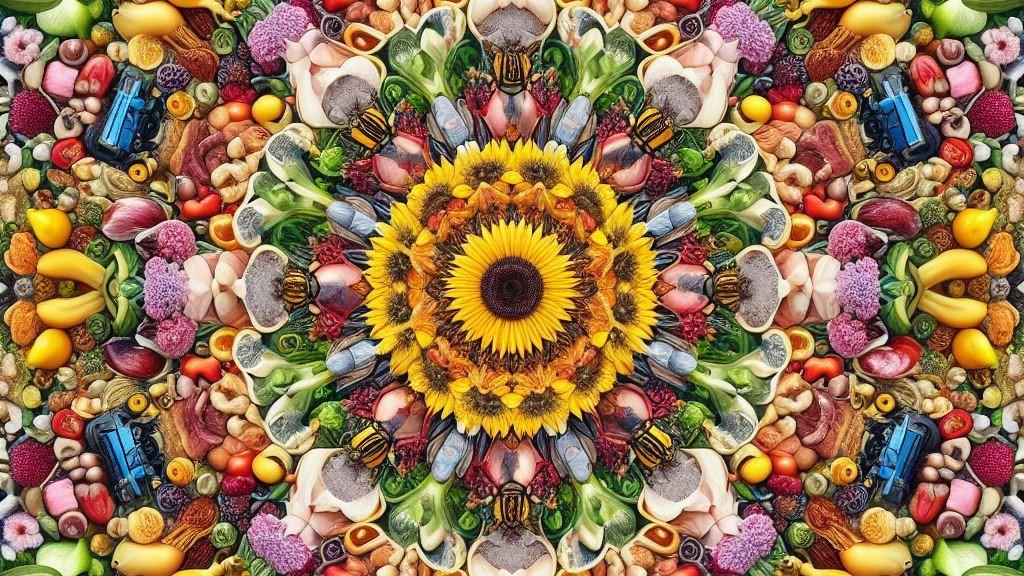 Various foods shown in a kaleidoscopic pattern with flowers at the centre