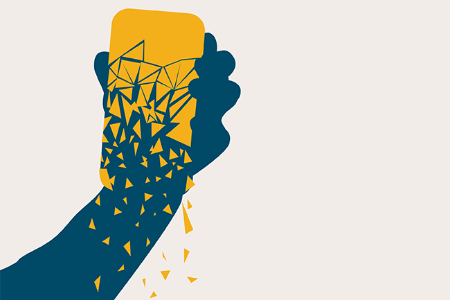 A graphic showing a hand holding a smartphone. The smartphone is slowly shattering into pieces from the bottom.