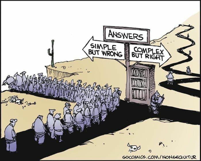 A cartoon showing a large crowd of people at a fork in the road labelled "Answers." A massive queue stretches far into the distance toward the left path, signed "Simple But Wrong." To the right, a door resembling a library or bookshelf is labelled "Complex But Right" — with only one or two individuals heading that way. Set in a desert landscape.