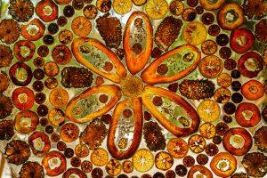 Decorative artwork made from dried fruit slices arranged in a floral mosaic pattern with warm amber and brown tones